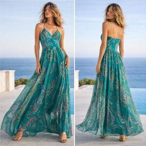 David Meister Silk Y2K Beaded Halter Maxi Dress 4 Teal Floral Boho Wedding Guest